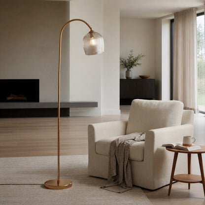 Brazara Adjustable Glass Shade Floor Lamp – Curved Metal Stem for Living Spaces