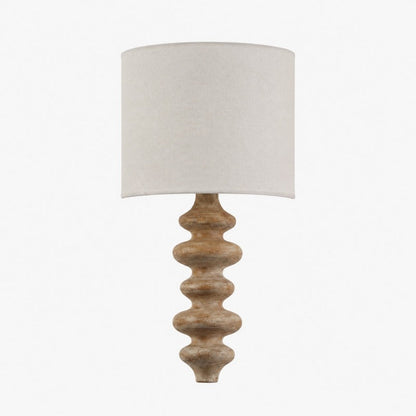 Natural wood sculptural wall lamp with fabric shade