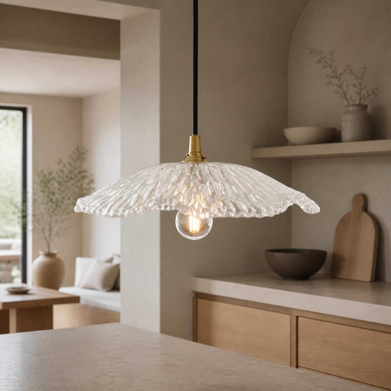Floriaxis Floral Glass Pendant Light — Floral Glass Shade with Braided Cable for Kitchen or Dining
