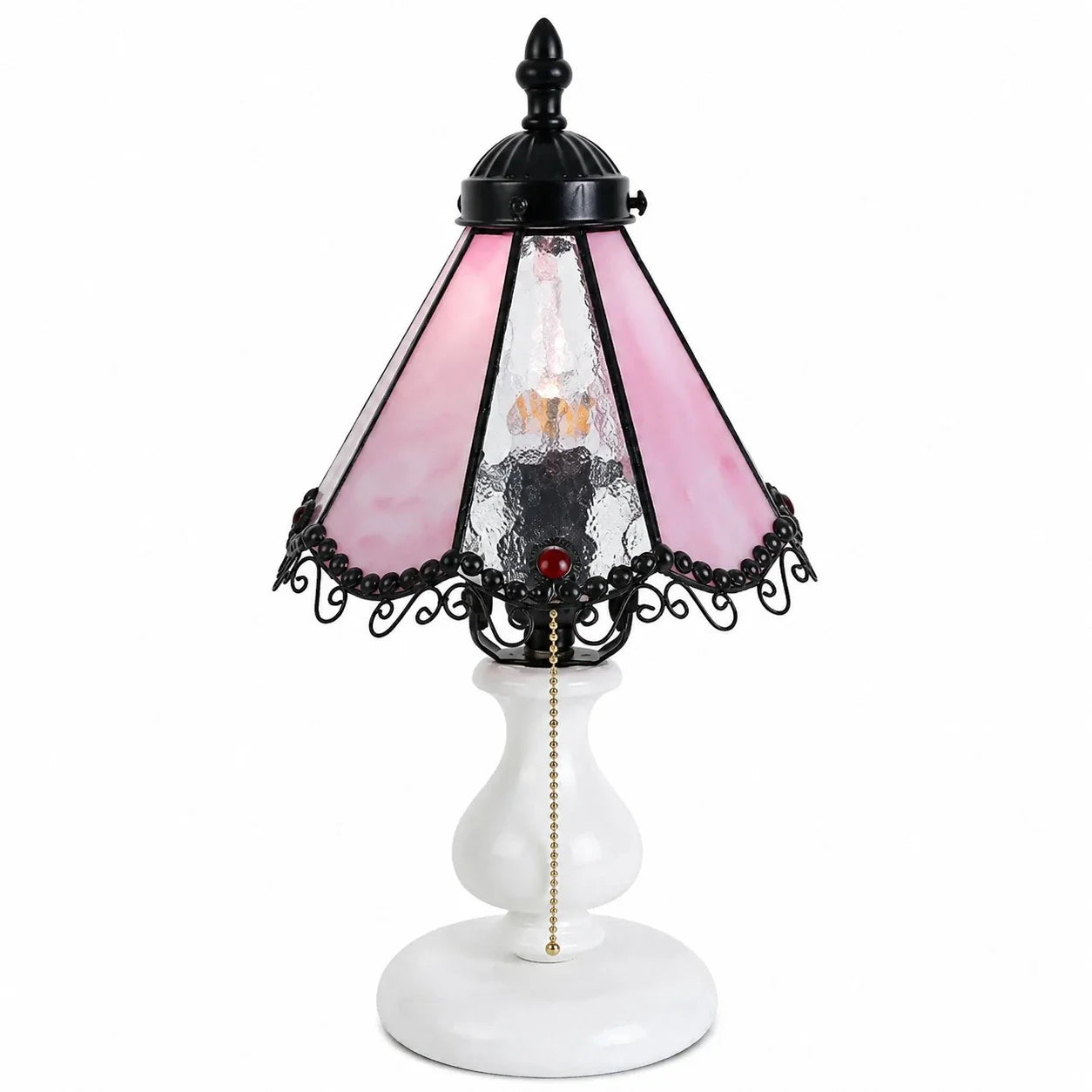 Cherry blossom pink vintage stained glass table lamp on a white background