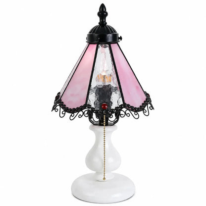 Cherry blossom pink vintage stained glass table lamp on a white background