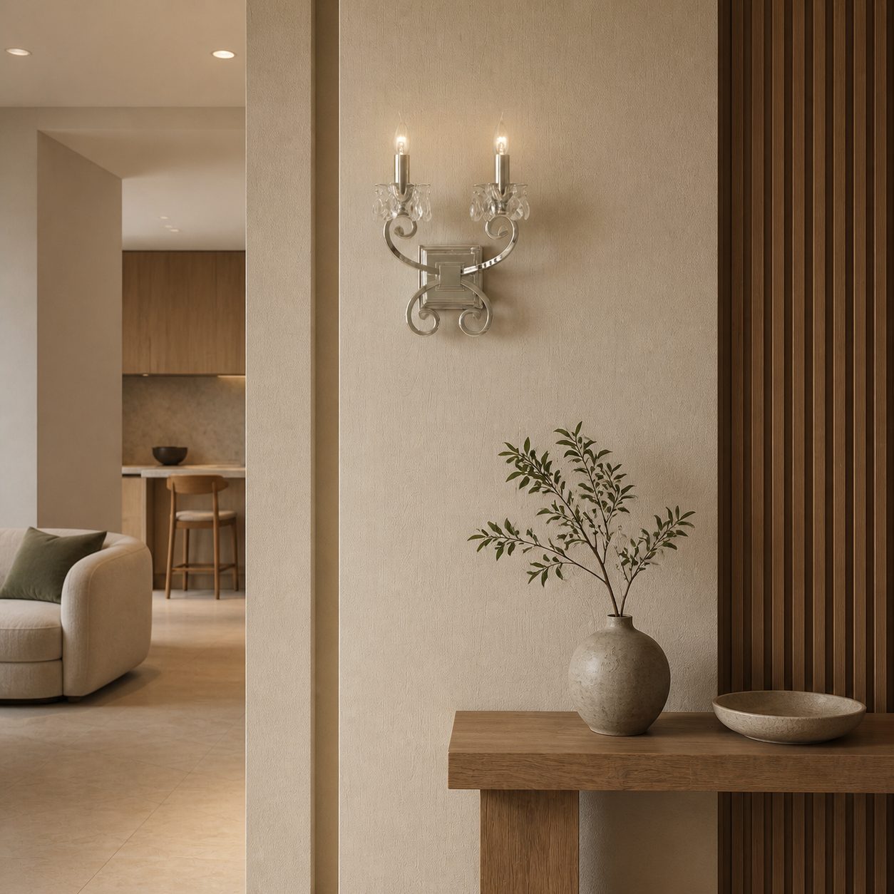 Talonis Crystal Accent Wall Light – Curved Chrome Arm Design for Living and Hallway Spaces