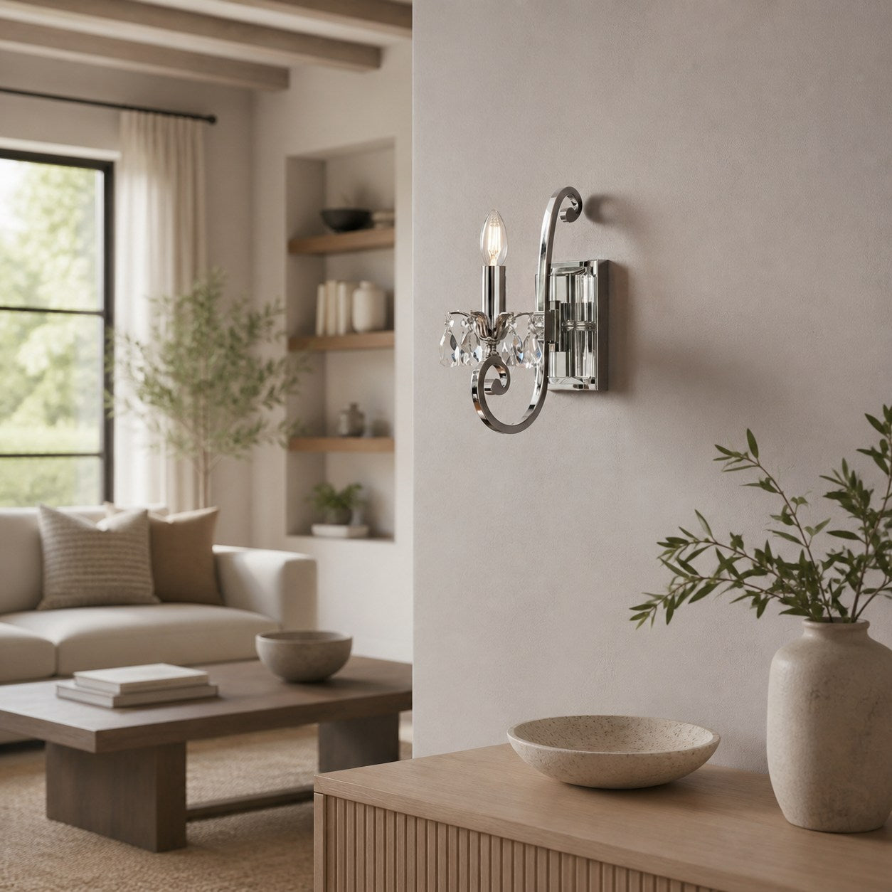 Talonis Crystal Accent Wall Light – Curved Chrome Arm Design for Living and Hallway Spaces