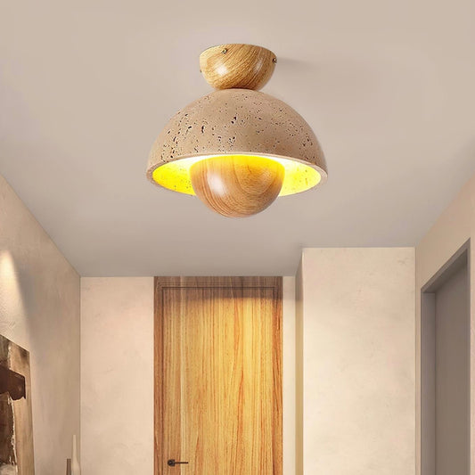 Wabi Sabi Style Travertine and Wood Half Sphere Ceiling Light