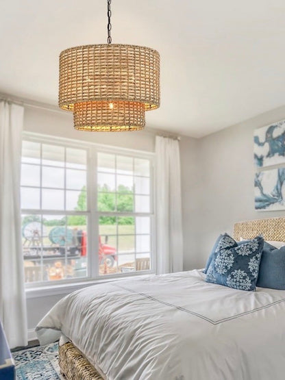 Natürliche Rattan Doppeltrommel Pendelleuchte für Schlafzimmer