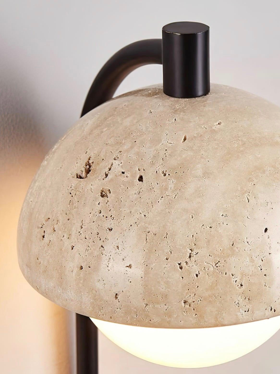 Wandleuchte aus Travertin im Wabi Sabi Stil mit Halbkugel Design für Wohnzimmer und Schlafzimmer