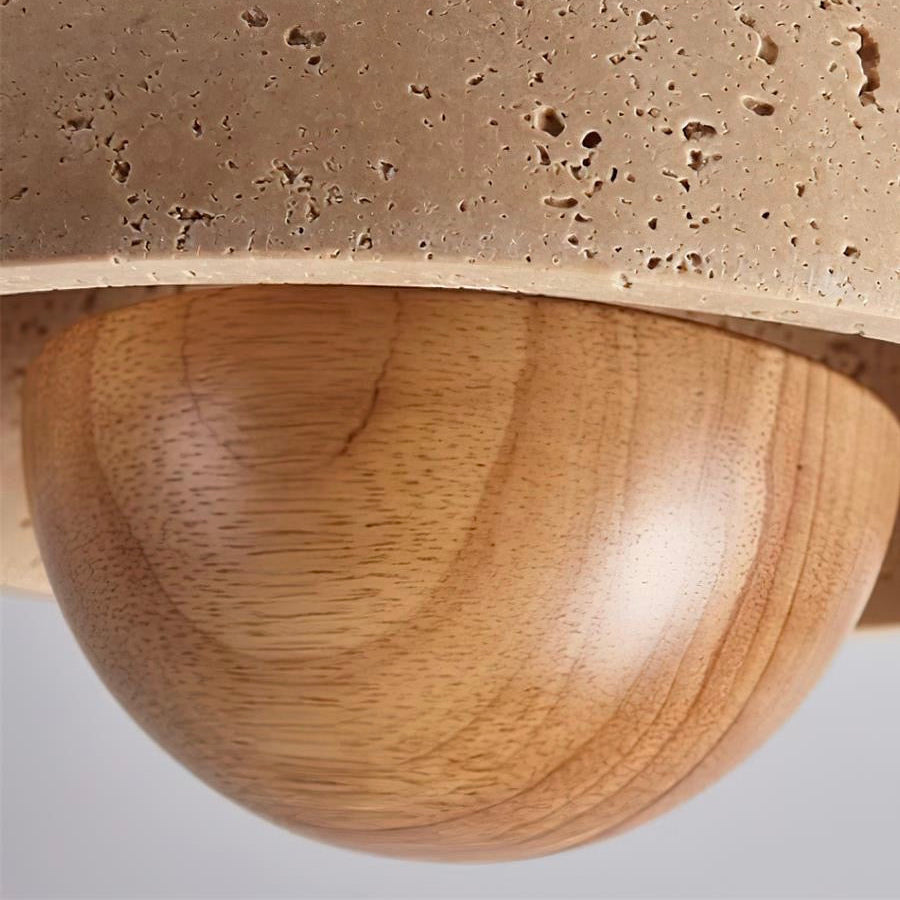 Halbkugel-Deckenleuchte aus Travertin und Holz im Wabi-Sabi-Stil