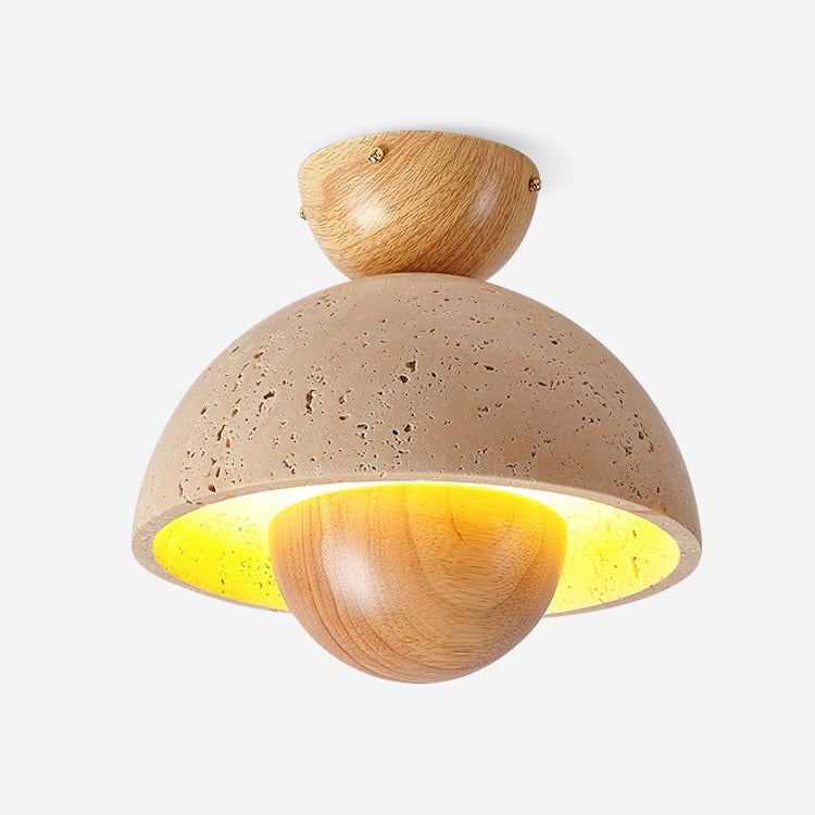 Halbkugel-Deckenleuchte aus Travertin und Holz im Wabi-Sabi-Stil