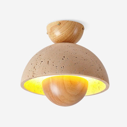 Halbkugel-Deckenleuchte aus Travertin und Holz im Wabi-Sabi-Stil
