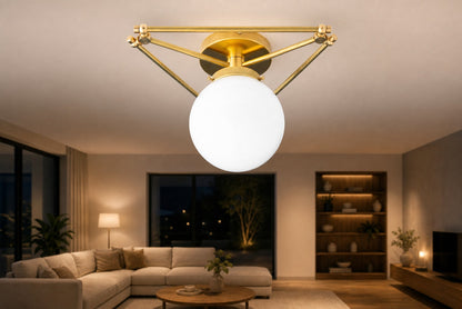 Glorica Glas-Deckenleuchte aus Messing mit geometrischem Design – mundgeblasenes Kugeldesign