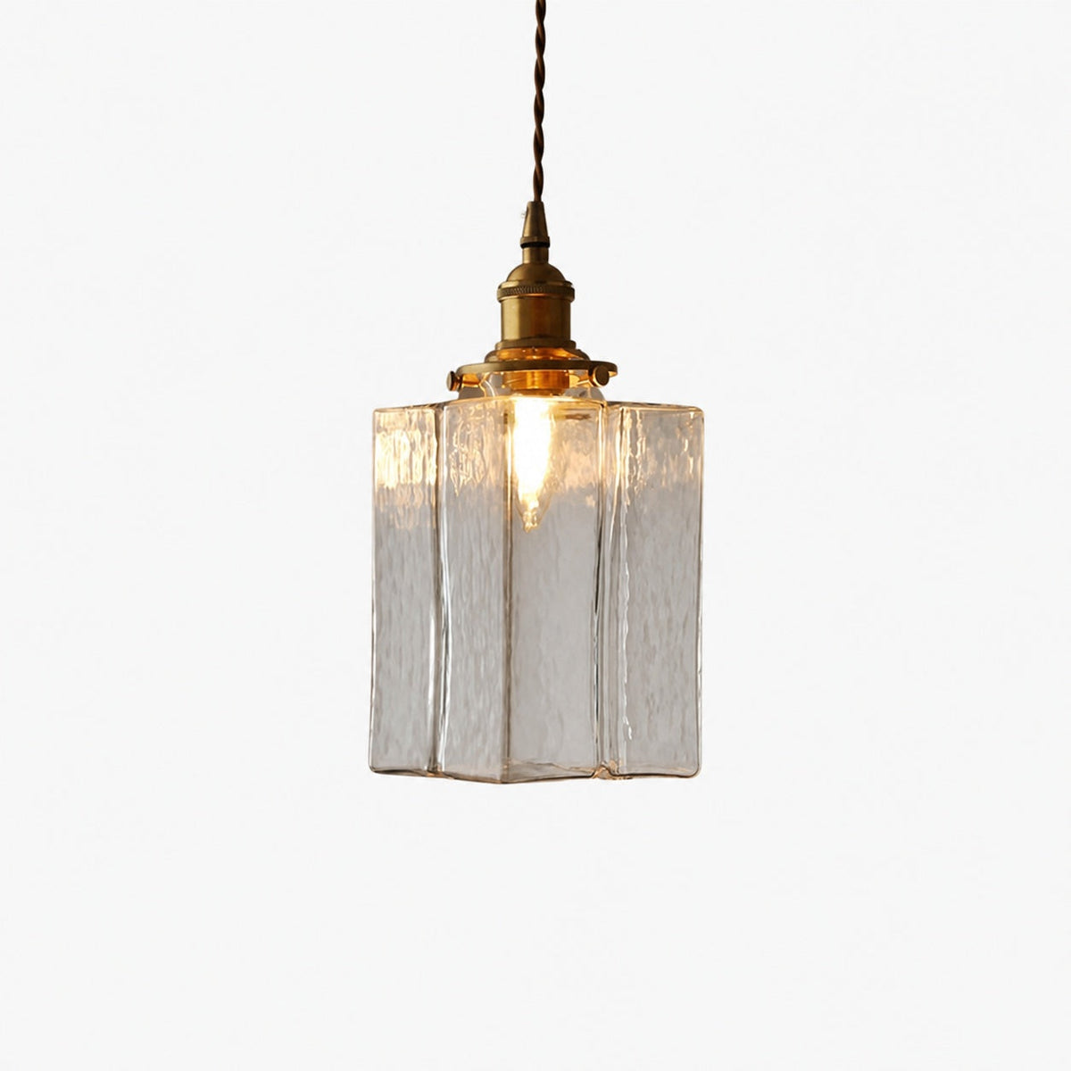 Traditional Vintage Square Rectangle Ripple Glass Iron 1-Light Pendant Light For Living Room