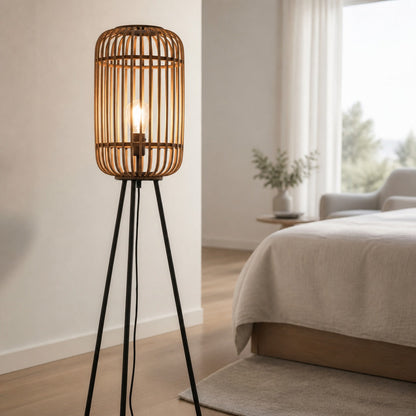 Yumeko Stehlampe aus Naturgewebe – Moderne skandinavische Stehlampe mit Bambusschirm für Schlaf- oder Wohnzimmer