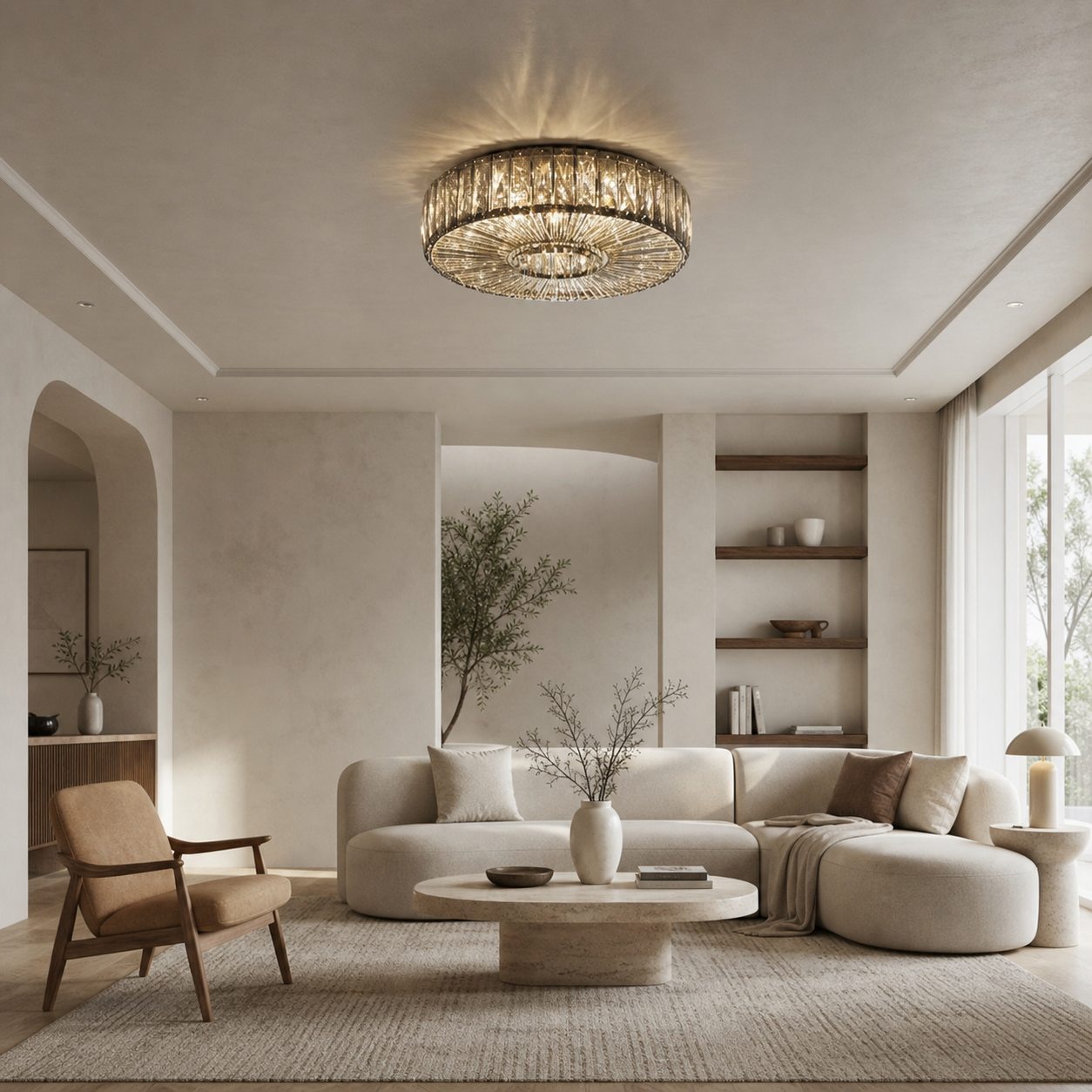 Glomar Glass Round Flush Ceiling Light - Modern Metal Glass Finish Living Areas