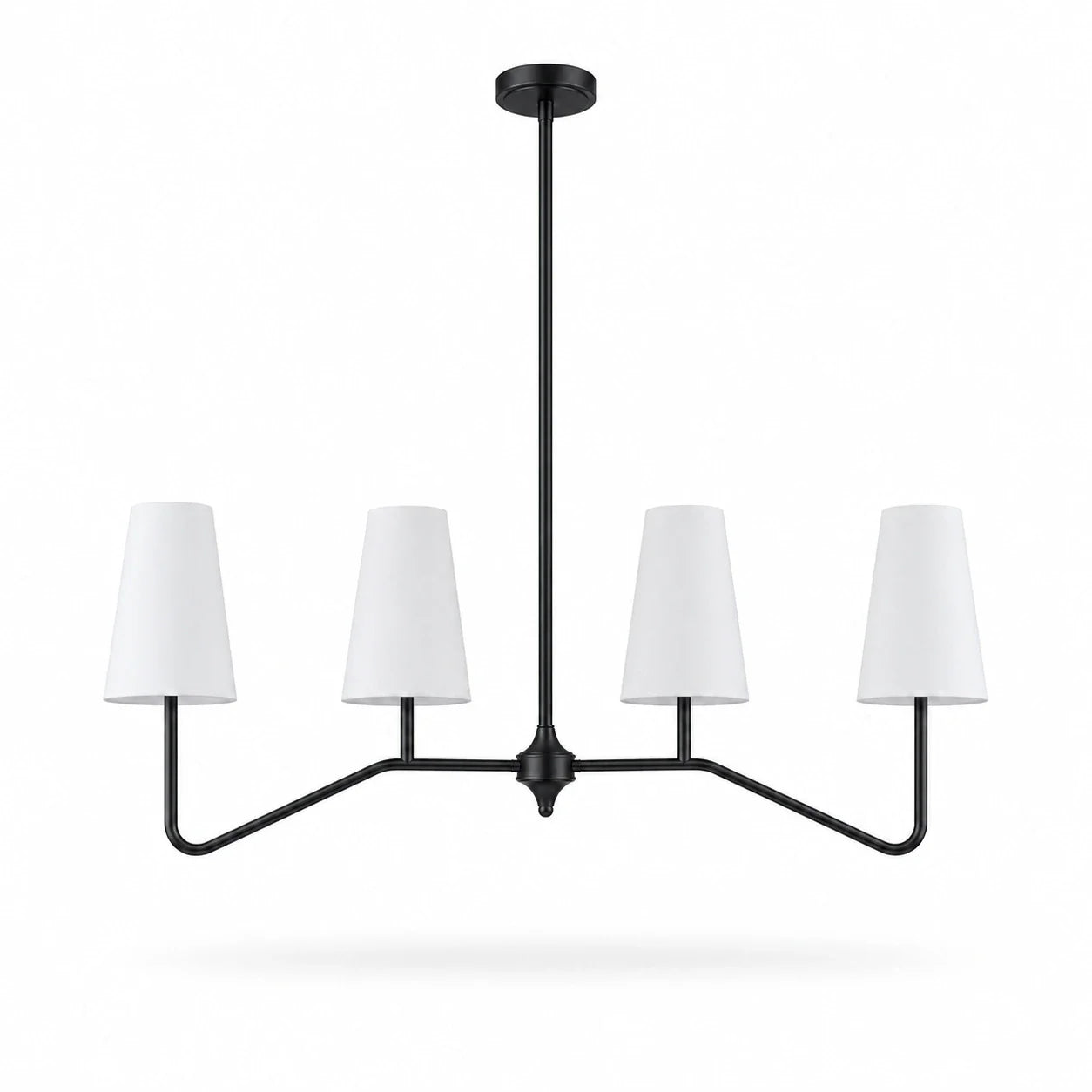 Strellux linear chandelier in black finish with white shades