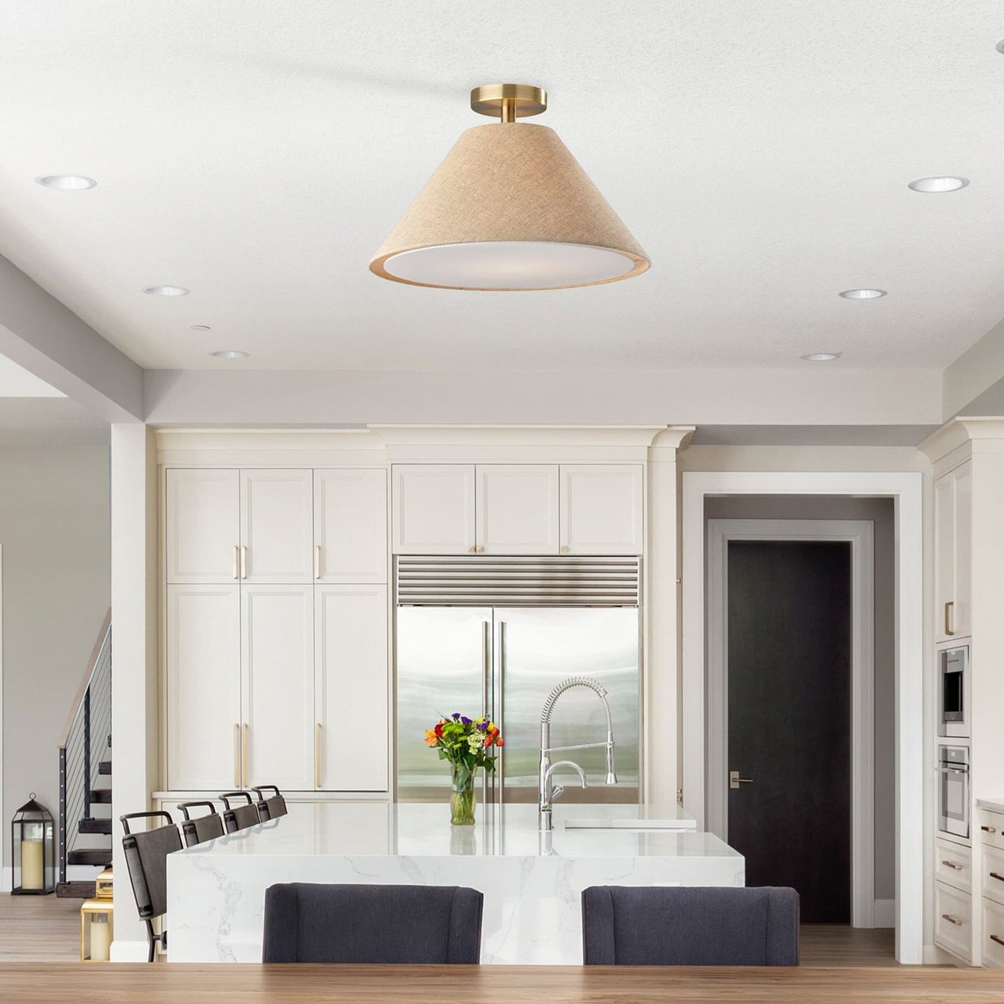 Lorvion Linen Drum Shade Flush Mount & Pendant - Antique Brass Ceiling Light