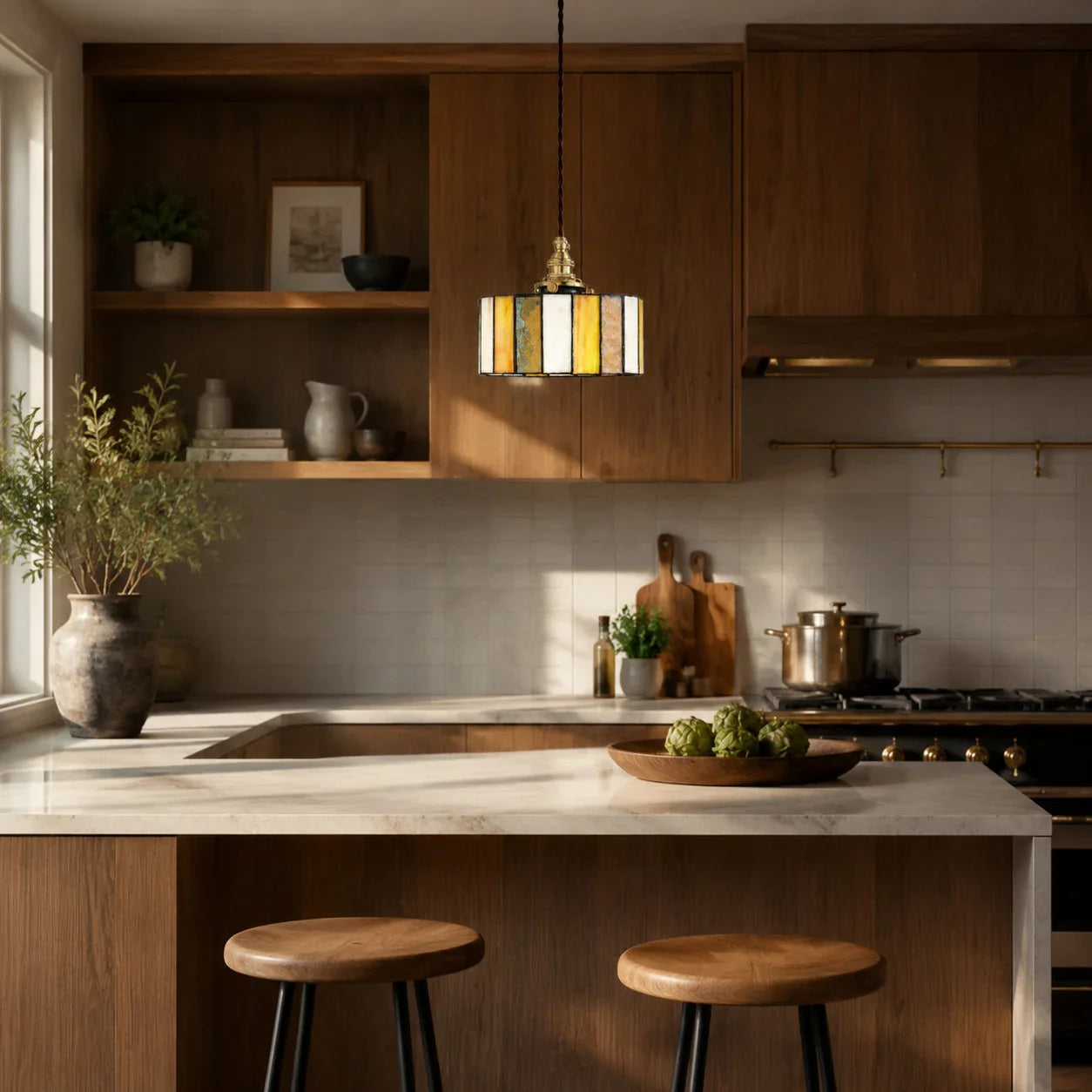 Small stained glass pendant lamp in a wood kitchen