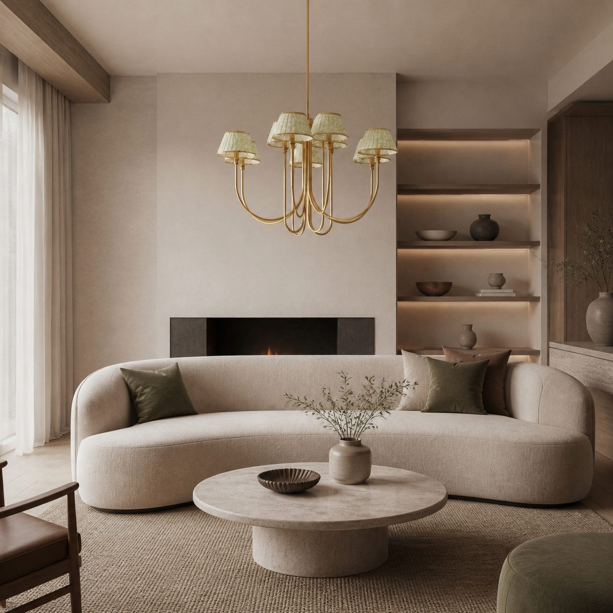 Ruchee Chandelier – Layered Fabric Shade Brass Ceiling Light for Dining or Living Spaces