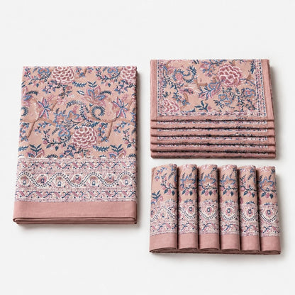 Folded rose mauve paisley floral cotton linen tablecloth set