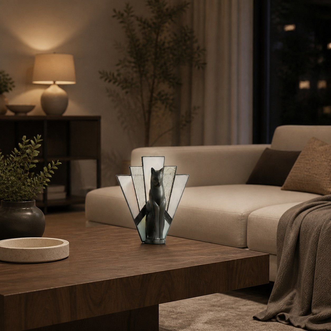 TF Felix Tischleuchte – Art-Deco-Design mit Glasschirm und Katzenfigur für Wohnzimmer oder Schlafzimmer