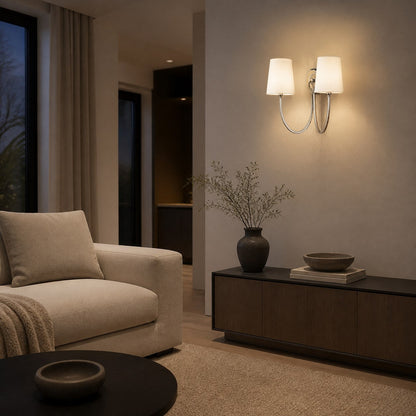 Roven Modern Double Wall Sconce with Curved Arms and Fabric Shades – Classic Accent Lighting for Bedroom