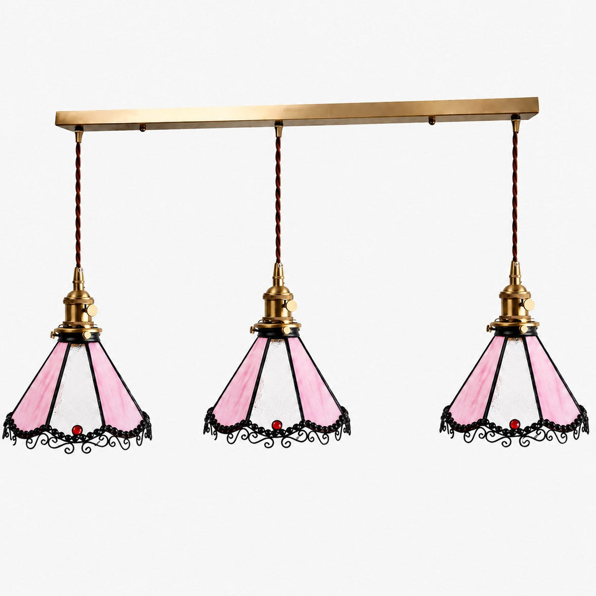 Pink three-light stained glass linear pendant