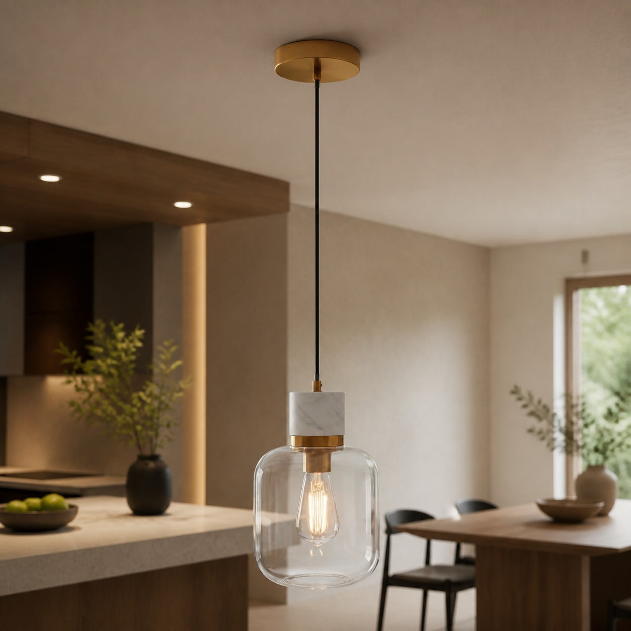 Korlisse Pendelleuchte aus Naturstein und Glas – Stilvolle Lampe für Wohnzimmer oder Lounge
