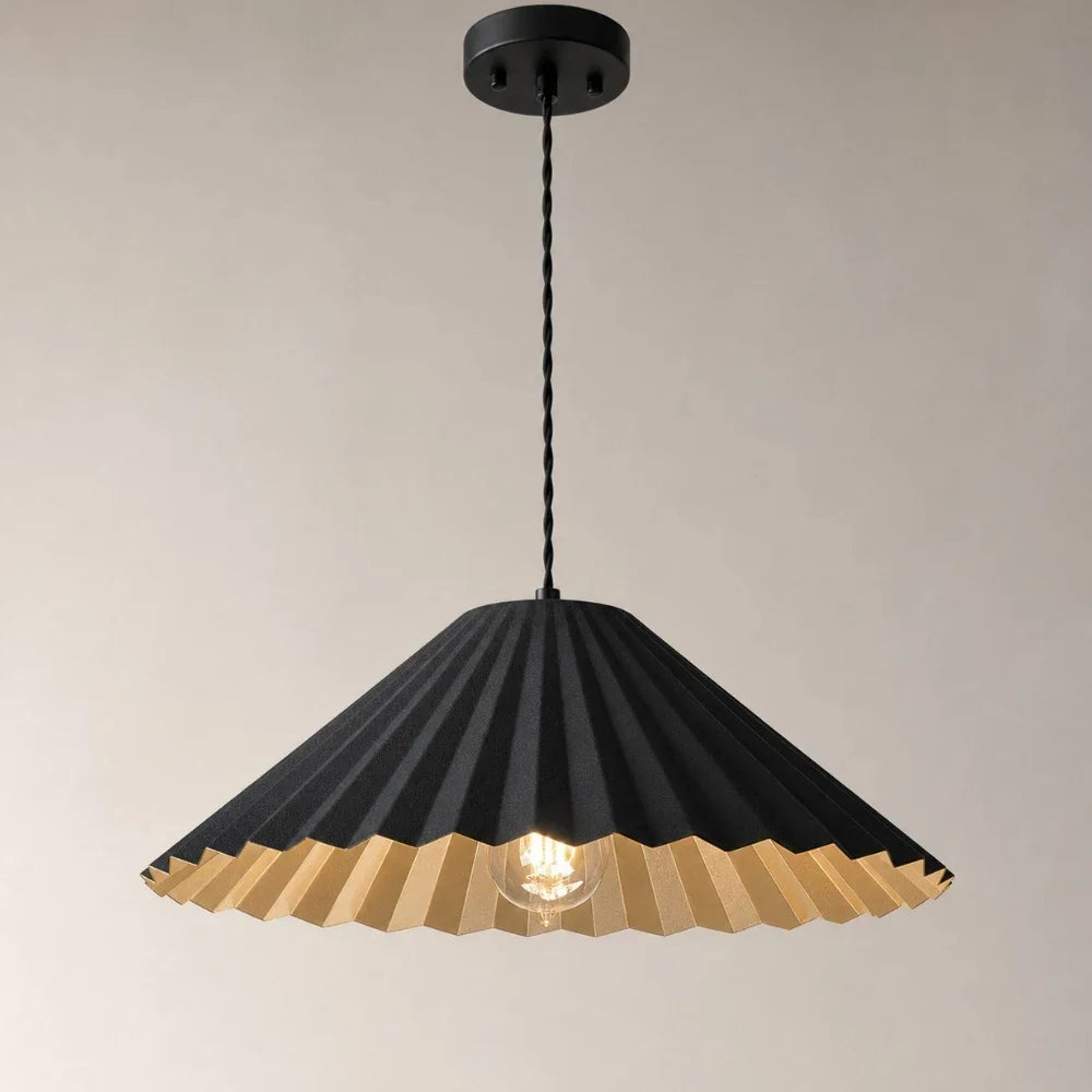 Black pendant lamp ceiling canopy and pleated shade detail