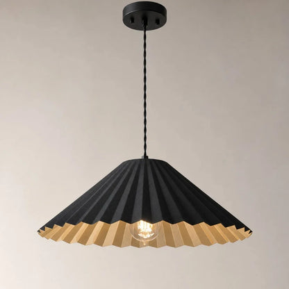 Black pendant lamp ceiling canopy and pleated shade detail