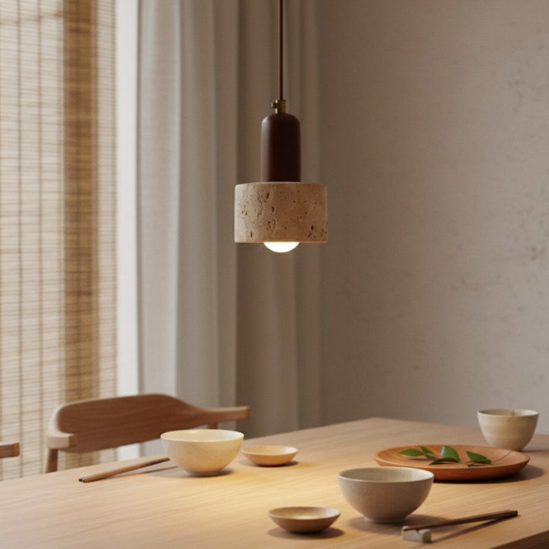 WabiLum Minimalist Japanese Travertine Wood Pendant Light - Elegant Home Lighting for Bedroom