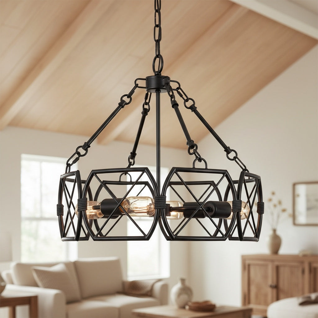 FerraLoft Geometric Cage Metal Pendant Light - Industrial Hanging Fixture for Kitchen Island