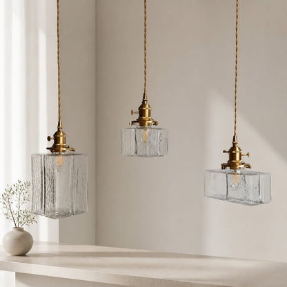 Traditional Vintage Square Rectangle Ripple Glass Iron 1-Light Pendant Light For Living Room