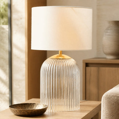 Bravira Strukturierte Glas Tischlampe mit klarer Leinen Schirm in zeitgemäßem Design für Wohnzimmer oder Homeoffice