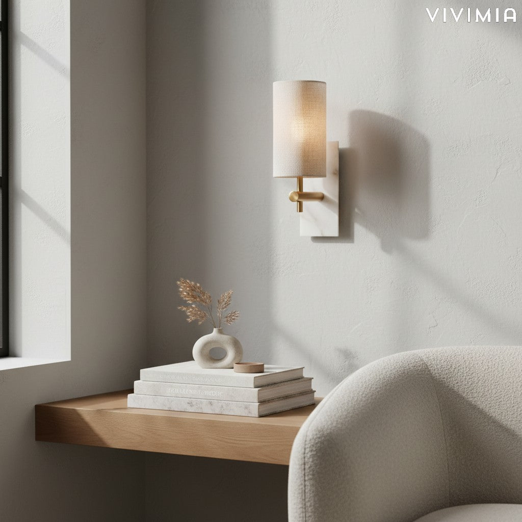 Linaevo Brass Wall Sconce with Linen Shade – Vintage-Inspired Accent Light for Modern Interiors