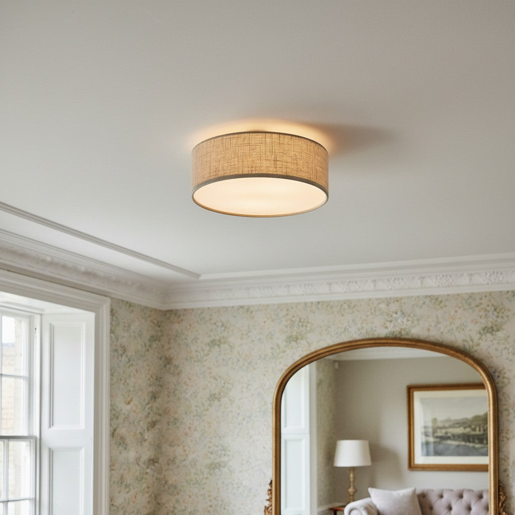 Dumora Linen Drum Ceiling Light - Flush Mount Iron Fixture with Fabric Shade
