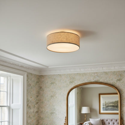 Dumora Linen Drum Ceiling Light - Flush Mount Iron Fixture with Fabric Shade