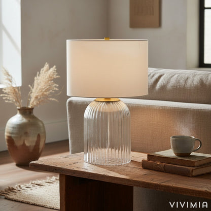 Bravira Strukturierte Glas Tischlampe mit klarer Leinen Schirm in zeitgemäßem Design für Wohnzimmer oder Homeoffice