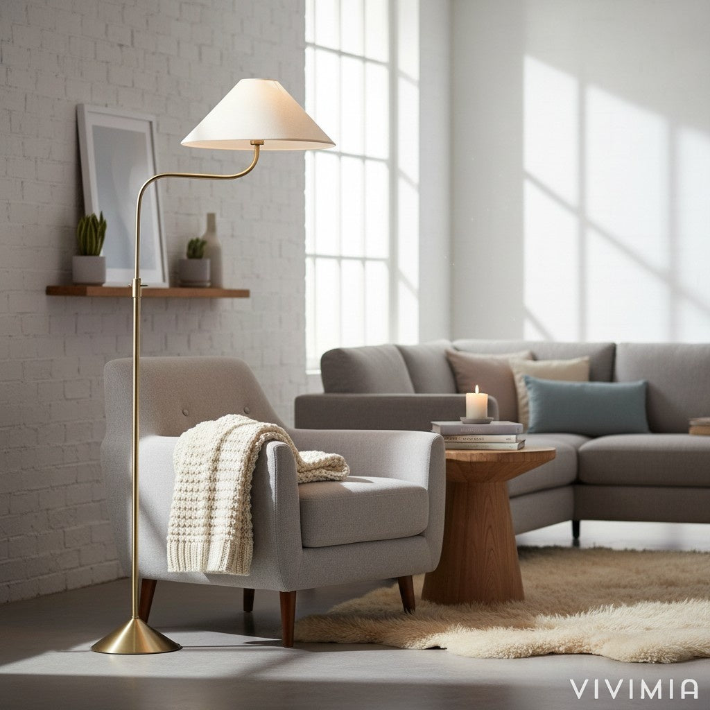 Fibura Modern Linen-Shade Adjustable Floor Lamp with Sleek Metal Arc for Living Rooms and Bedrooms