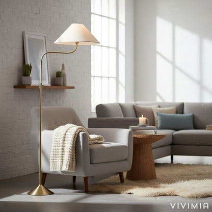 Fibura Modern Linen-Shade Adjustable Floor Lamp with Sleek Metal Arc for Living Rooms and Bedrooms