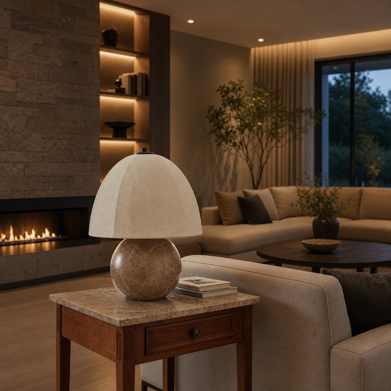 Cordove Table Lamp Sculptural Sphere Base Artistic Table Light - Linen Shade for Bedroom Living Room
