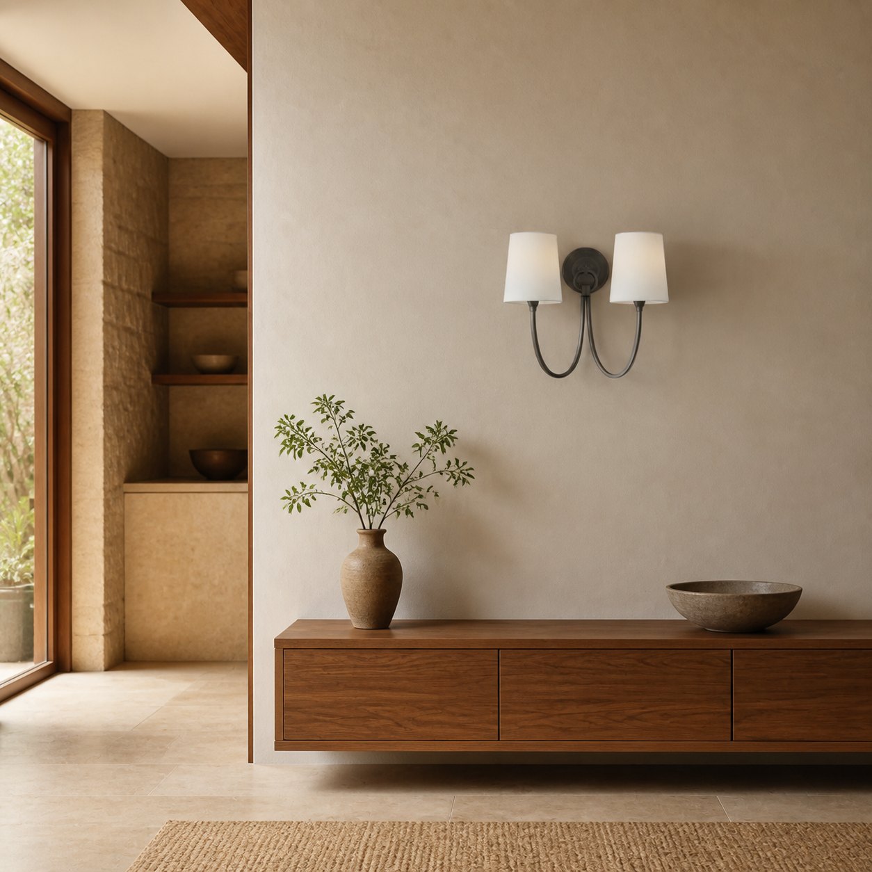 Roven Modern Double Wall Sconce with Curved Arms and Fabric Shades – Classic Accent Lighting for Bedroom
