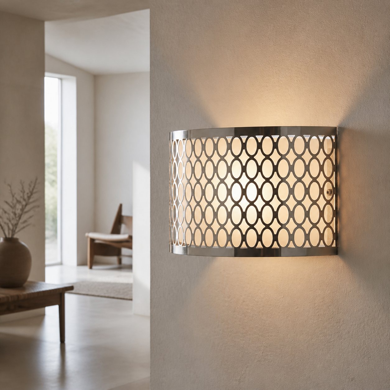 Liorin Fretwork Wall Light - Modern Curved Metal and Fabric Shade Sconce for Hallway or Bedroom