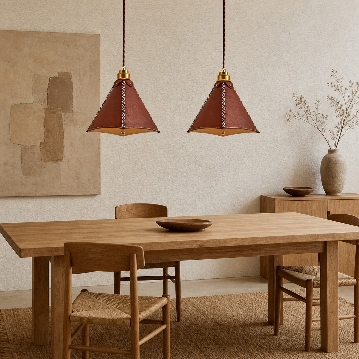Pair of leather pendant lights above a dining table