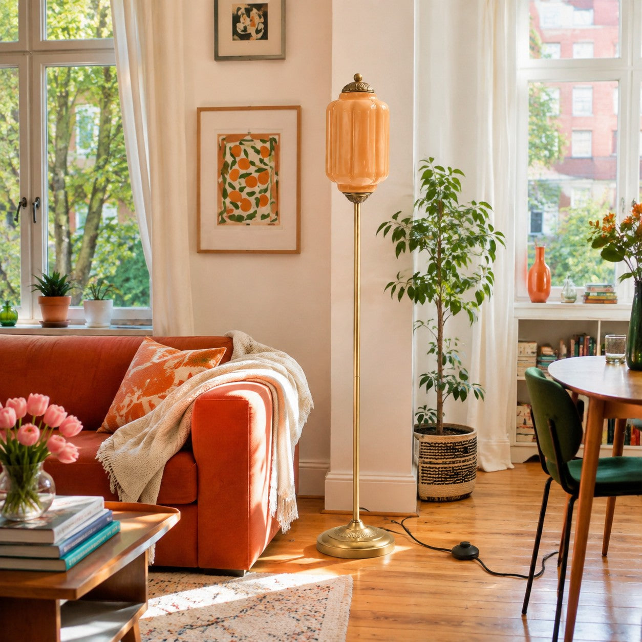 Eloise Textured Glass Pumpkin-Inspired Floor Lamp - Organic Artistry and Retro Style for Living Rooms