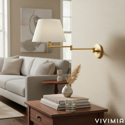 Ornato Brass Swing Arm Wall Sconce with White Cloth Shade for Bathroom Vanity or Hallway