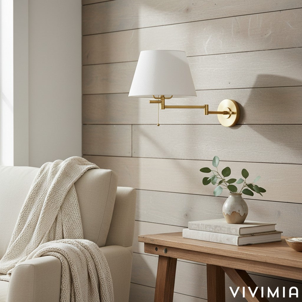 Ornato Brass Swing Arm Wall Sconce with White Cloth Shade for Bathroom Vanity or Hallway