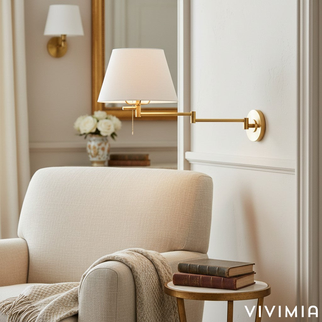 Ornato Brass Swing Arm Wall Sconce with White Cloth Shade for Bathroom Vanity or Hallway