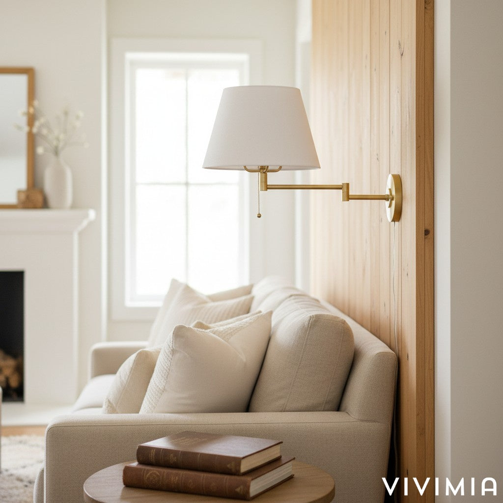 Ornato Brass Swing Arm Wall Sconce with White Cloth Shade for Bathroom Vanity or Hallway