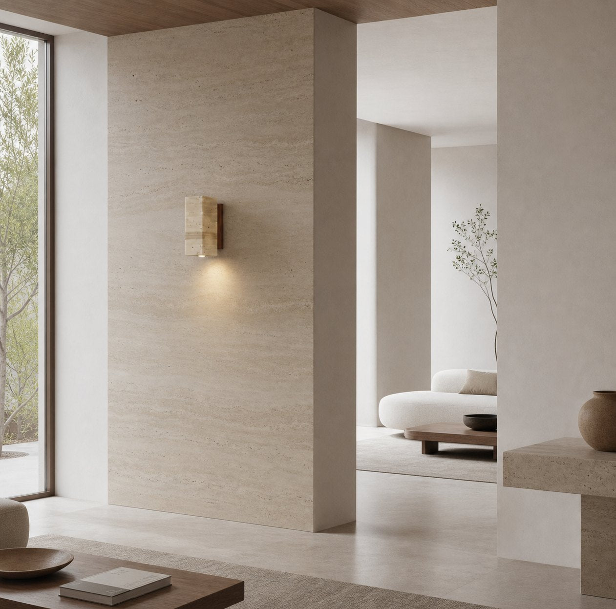 Slivara Natural Stone Backplate with Warm Amber Shade - Vintage Modern Slivara Wall Sconce for Living Room