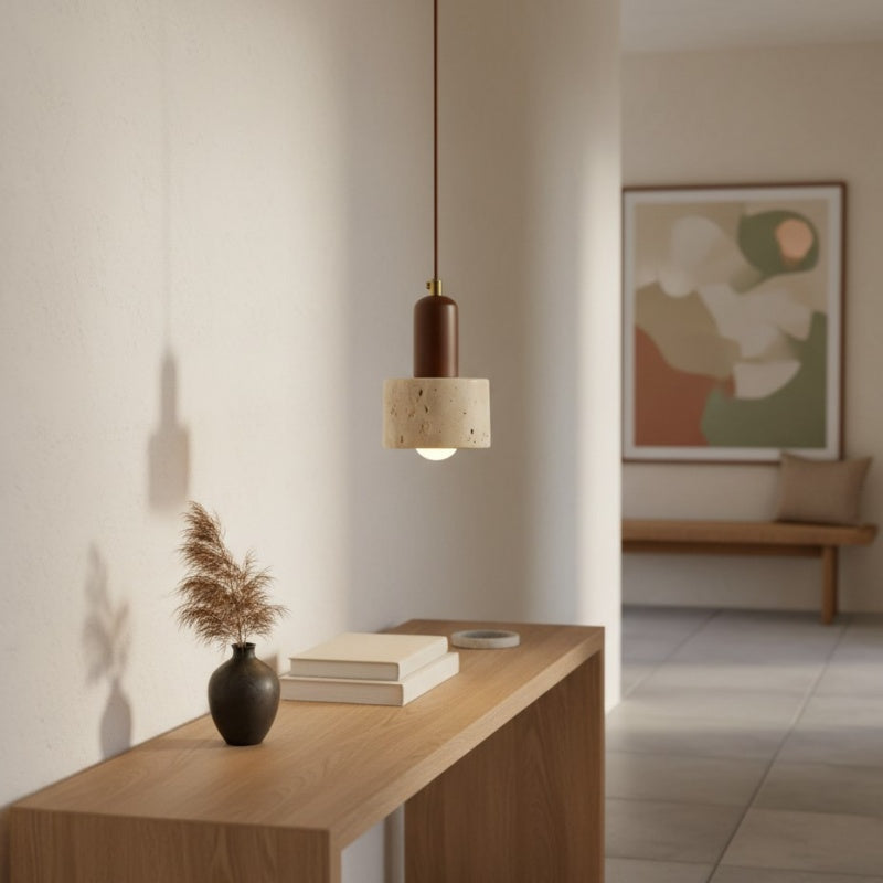 WabiLum Minimalist Japanese Travertine Wood Pendant Light - Elegant Home Lighting for Bedroom