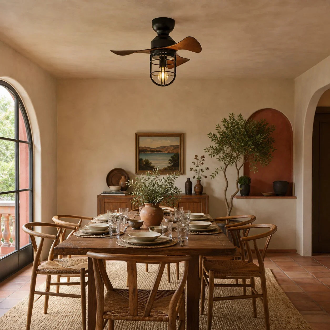 small ceiling fan light above a dining area